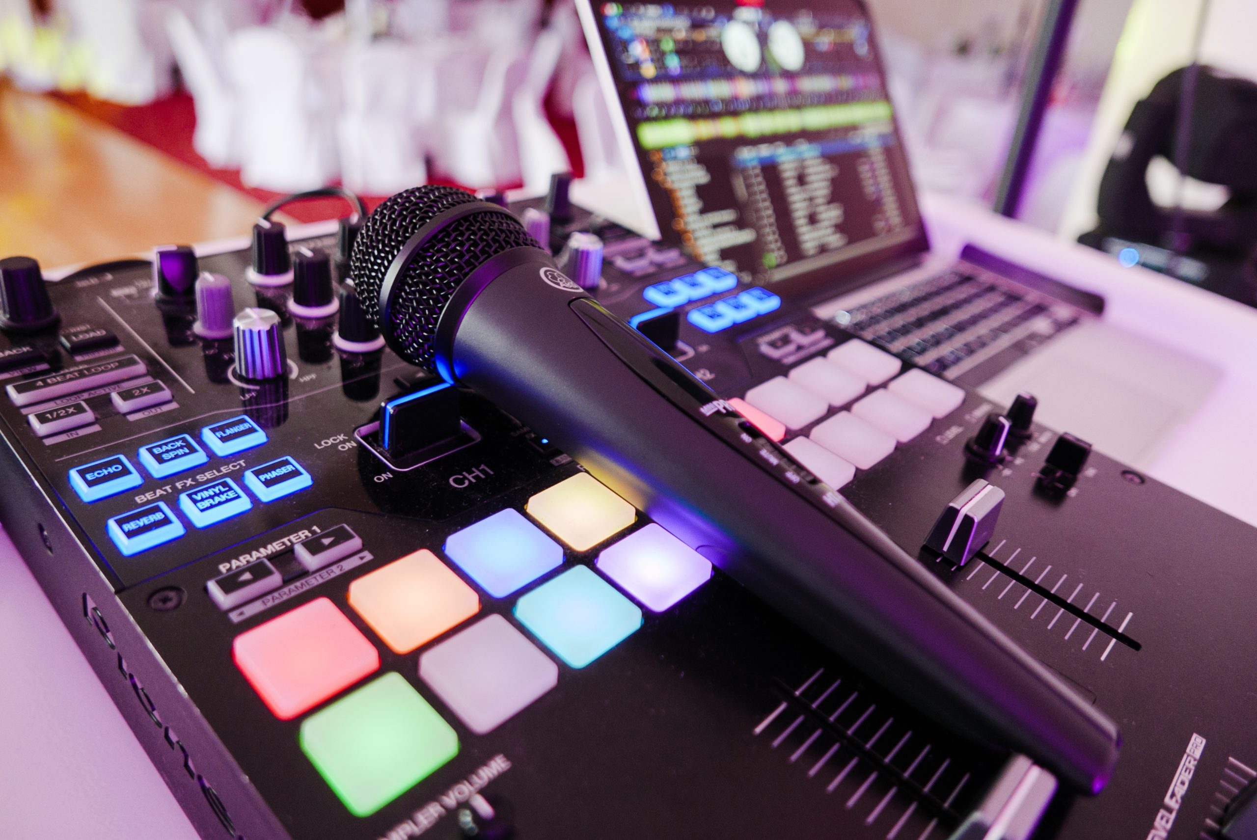 close-up-image-of-dj-equipment-with-mixer-microph